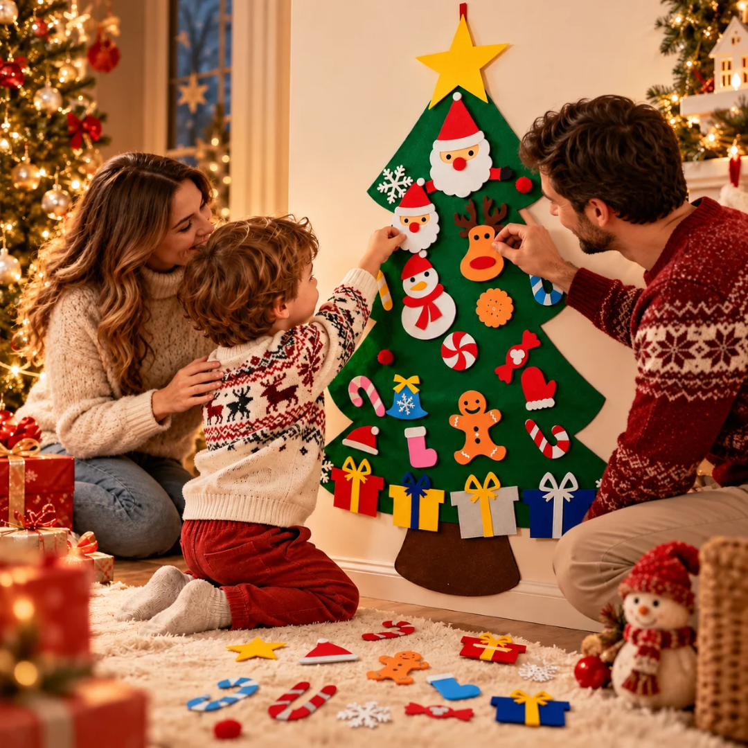 Árbol de Navidad de fieltro con sus decoraciones