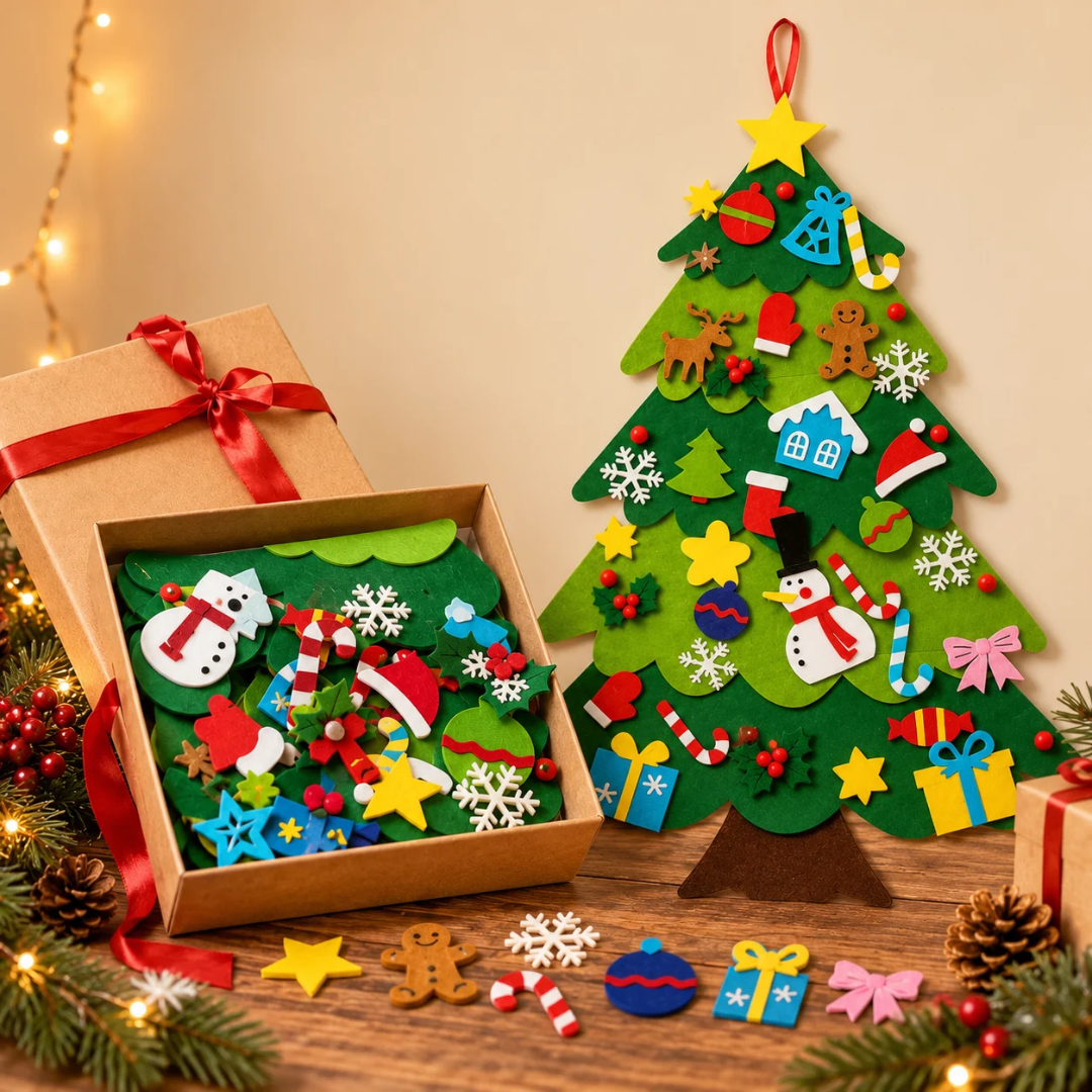 Árbol de Navidad de fieltro con sus decoraciones